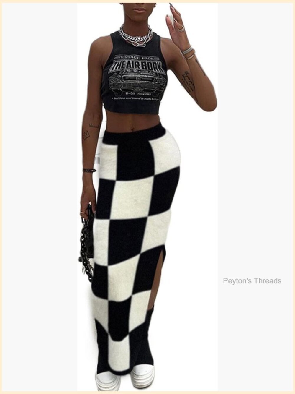 High Waist Plaid Elastic Long Skirt Side Split Knit Bodycon Midi